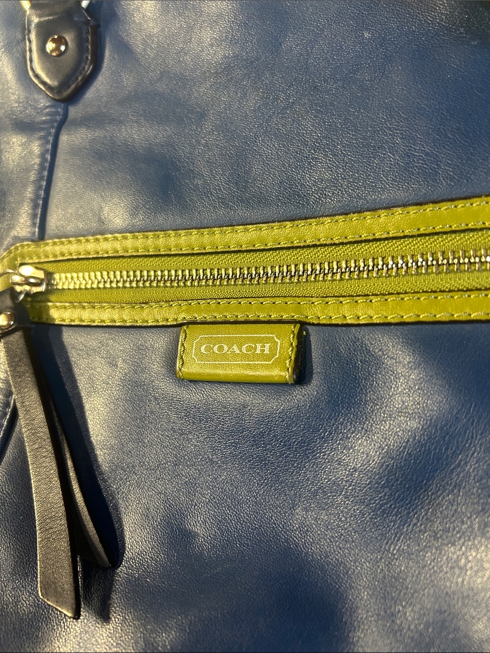 Coach Blue Leather Shoulder Tote with Lime Accent - Picture 2 of 9